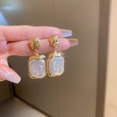 Elegant Korean Gold Foil Earrings with White Stone – Golden
