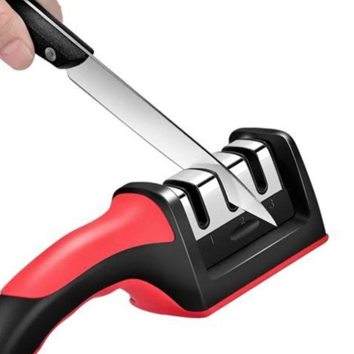 3-in-1 diamond-coated kitchen knife sharpener with ergonomic handle and ceramic peeler.
