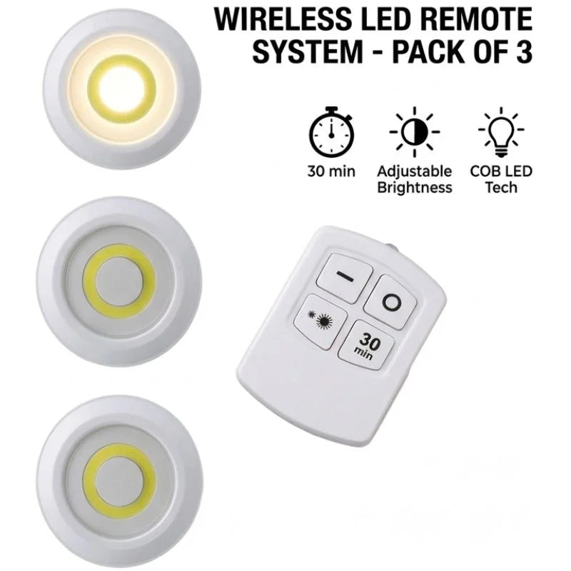 3-Piece LED Tap Light Set with Remote – Wireless Cabinet & Wardrobe Lights